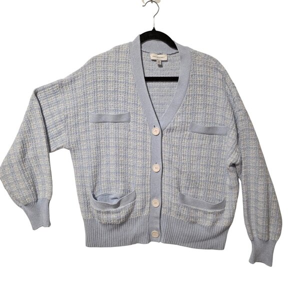 Womens Tweed Cardigan Sweater XL  Button Light Blue Clueless Preppy Checked - Picture 2 of 8